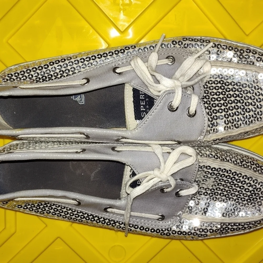 Reel legends Top-Sider Women's Boat Shoes Silver Fabric Lace Up Sequins 10M